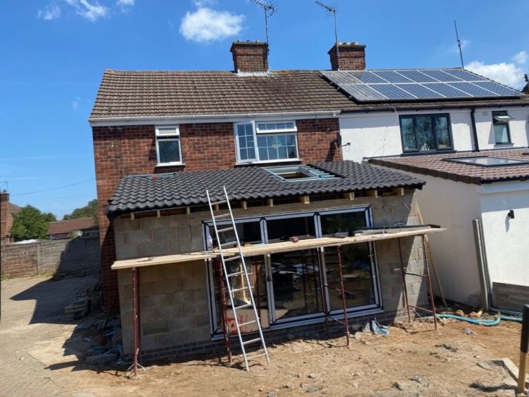 ​New two-storey house extension construction in Hinckley by Renofox Construction specialists.